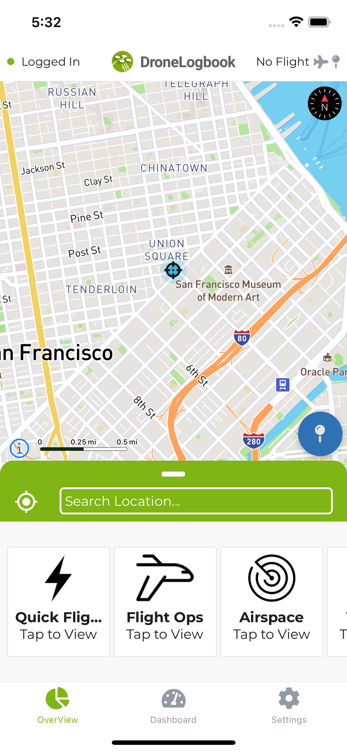 Dronelogbook mobile application main screen